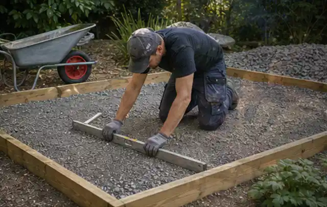 Person richtet eine verdichtete Kiesfläche mit Wasserwaage und Abziehlatte aus; Thema Gartenhaus Fenster, Schwerpunkt Fehlerhilfe; Praxisalltag.