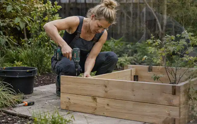 Person montiert ein massives Hochbeet aus unbehandeltem Holz im Garten; Thema Gartenhaus Fenster, Schwerpunkt Gartenhäuser; Ausgangslage.
