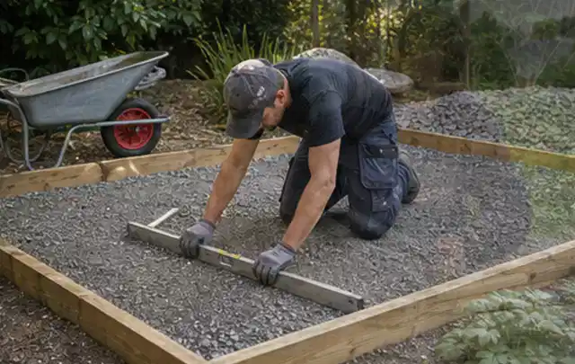 Person richtet eine verdichtete Kiesfläche mit Wasserwaage und Abziehlatte aus; Thema Gartenhaus Fenster, Schwerpunkt Gartenhäuser; Ergebnis.