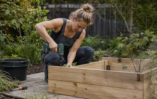 Person montiert ein massives Hochbeet aus unbehandeltem Holz im Garten; Thema Gartenhaus Fenster, Schwerpunkt Kosten; Ausgangslage.