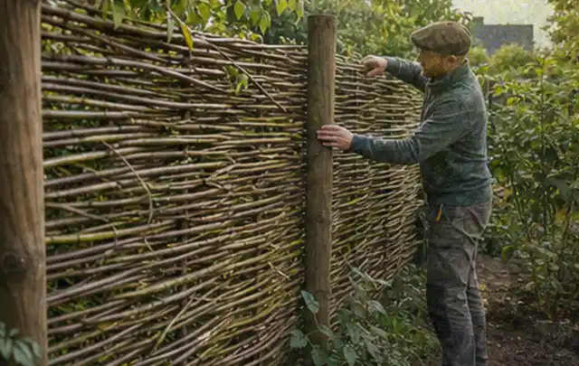 Person befestigt geflochtene Weidenruten an stabilen Holzpfosten im Garten; Thema Gartenhaus Fenster, Schwerpunkt Kosten; Umsetzung.
