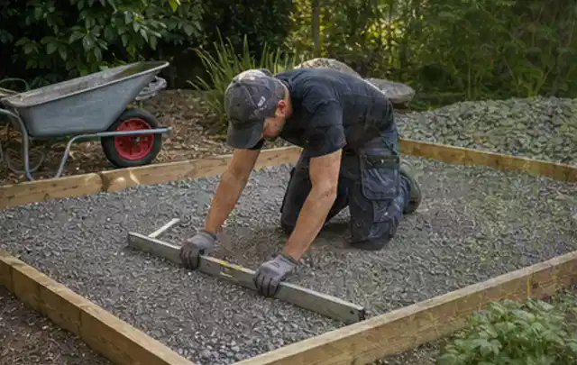 Person richtet eine verdichtete Kiesfläche mit Wasserwaage und Abziehlatte aus; Thema Gartenhaus Fenster, Schwerpunkt Kosten; Praxisalltag.