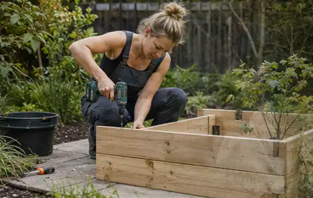Person montiert ein massives Hochbeet aus unbehandeltem Holz im Garten; Thema Gartenhaus Fenster, Schwerpunkt Materialwahl; Umsetzung.