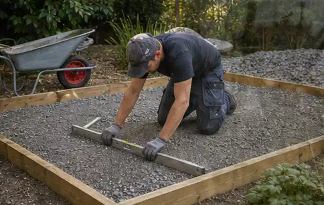 Person richtet eine verdichtete Kiesfläche mit Wasserwaage und Abziehlatte aus; Thema Gartenhaus Fenster, Schwerpunkt Materialwahl; Ergebnis.