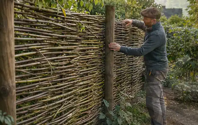 Person befestigt geflochtene Weidenruten an stabilen Holzpfosten im Garten; Thema Gartenhaus Fenster, Schwerpunkt Materialwahl; Praxisalltag.