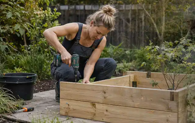 Person montiert ein massives Hochbeet aus unbehandeltem Holz im Garten; Thema Gartenhaus Fenster, Schwerpunkt Nachhaltigkeit; Ausgangslage.
