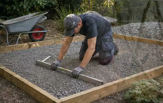 Person richtet eine verdichtete Kiesfläche mit Wasserwaage und Abziehlatte aus; Thema Gartenhaus Fenster, Schwerpunkt Nachhaltigkeit; Umsetzung.