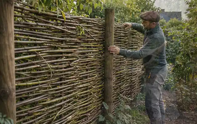 Person befestigt geflochtene Weidenruten an stabilen Holzpfosten im Garten; Thema Gartenhaus Fenster, Schwerpunkt Nachhaltigkeit; Praxisalltag.