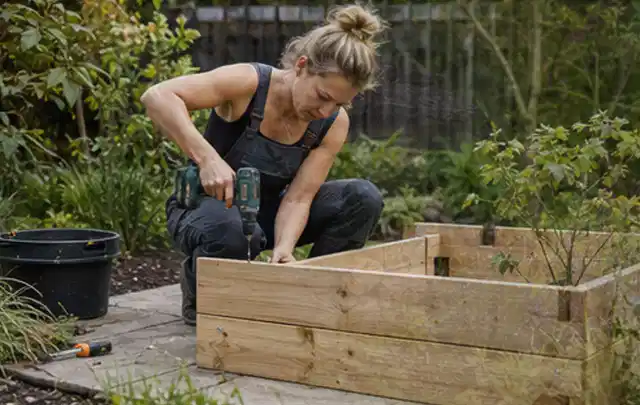 Person montiert ein massives Hochbeet aus unbehandeltem Holz im Garten; Thema Gartenhaus Fenster, Schwerpunkt Pflege; Kontrolle.