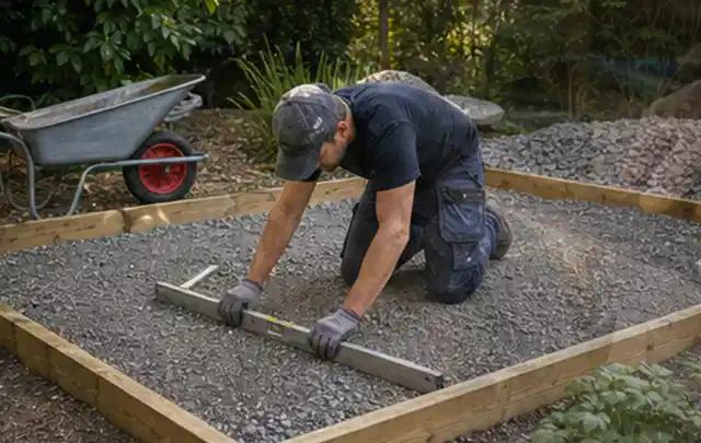 Person richtet eine verdichtete Kiesfläche mit Wasserwaage und Abziehlatte aus; Thema Gartenhaus Fenster, Schwerpunkt Pflege; Ergebnis.