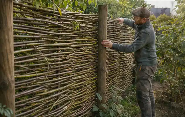 Person befestigt geflochtene Weidenruten an stabilen Holzpfosten im Garten; Thema Gartenhaus Fenster, Schwerpunkt Pflege; Praxisalltag.