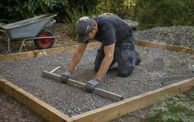 Person richtet eine verdichtete Kiesfläche mit Wasserwaage und Abziehlatte aus; Thema Gartenhaus Fenster, Schwerpunkt Planung; Ausgangslage.