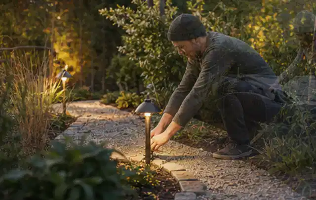 Person richtet eine niedrige warm leuchtende Gartenlampe am Kiesweg aus; Thema Gartenhaus Fenster, Schwerpunkt Planung; Ergebnis.