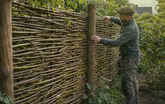 Person befestigt geflochtene Weidenruten an stabilen Holzpfosten im Garten; Thema Gartenhaus Fenster, Schwerpunkt Winterschutz; Umsetzung.