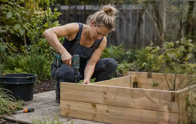 Person montiert ein massives Hochbeet aus unbehandeltem Holz im Garten; Thema Gartenhaus Fenster, Schwerpunkt Winterschutz; Ergebnis.