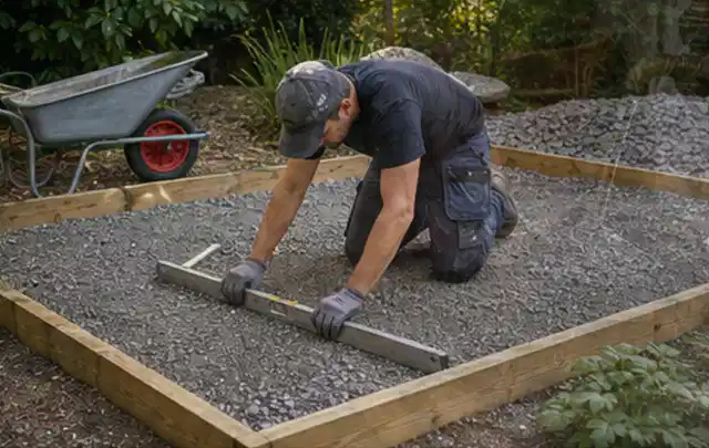 Person richtet eine verdichtete Kiesfläche mit Wasserwaage und Abziehlatte aus; Thema Gartenhaus Fenster, Schwerpunkt Winterschutz; Praxisalltag.