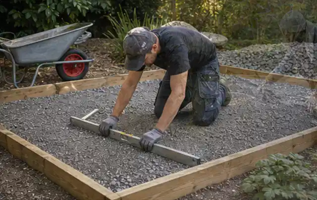 Person richtet eine verdichtete Kiesfläche mit Wasserwaage und Abziehlatte aus; Thema Gartenhaus Fundament, Schwerpunkt Aufbau; Ausgangslage.