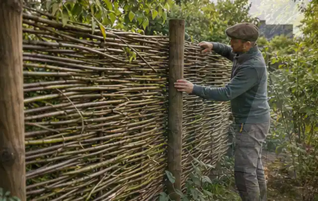 Person befestigt geflochtene Weidenruten an stabilen Holzpfosten im Garten; Thema Gartenhaus Fundament, Schwerpunkt Aufbau; Kontrolle.