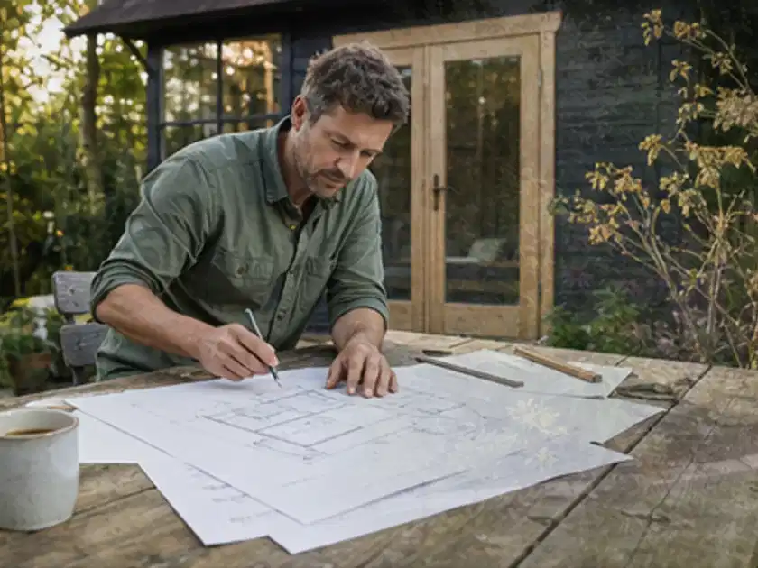 Person prüft Bauzeichnungen an einem Gartentisch vor einem kleinen Gartenhaus; Thema Gartenhaus Fundament, Schwerpunkt Baurecht; Titelbild.
