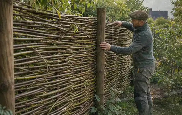 Person befestigt geflochtene Weidenruten an stabilen Holzpfosten im Garten; Thema Gartenhaus Fundament, Schwerpunkt Baurecht; Ausgangslage.