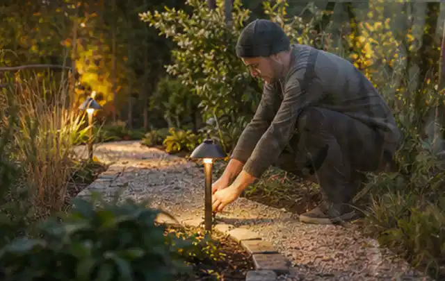 Person richtet eine niedrige warm leuchtende Gartenlampe am Kiesweg aus; Thema Gartenhaus Fundament, Schwerpunkt Baurecht; Kontrolle.