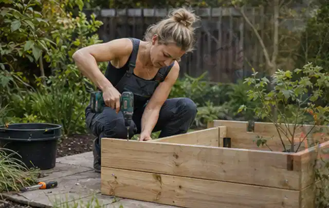 Person montiert ein massives Hochbeet aus unbehandeltem Holz im Garten; Thema Gartenhaus Fundament, Schwerpunkt Baurecht; Praxisalltag.