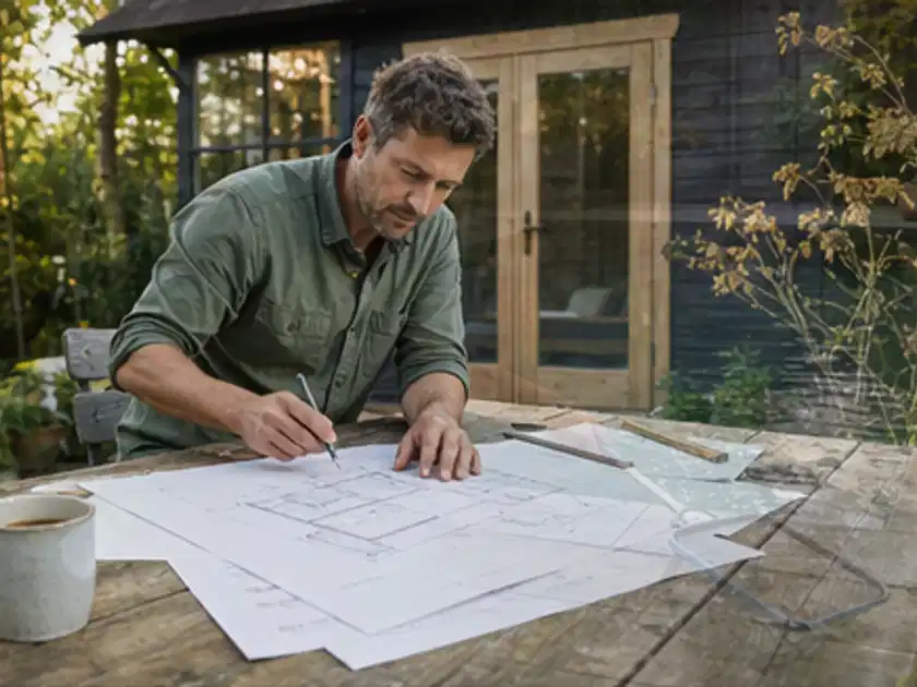 Person prüft Bauzeichnungen an einem Gartentisch vor einem kleinen Gartenhaus; Thema Gartenhaus Fundament, Schwerpunkt Dimensionierung; Titelbild.