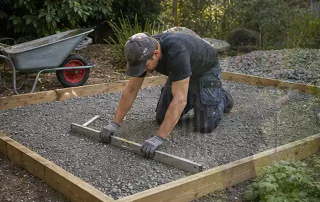 Person richtet eine verdichtete Kiesfläche mit Wasserwaage und Abziehlatte aus; Thema Gartenhaus Fundament, Schwerpunkt Dimensionierung; Umsetzung.