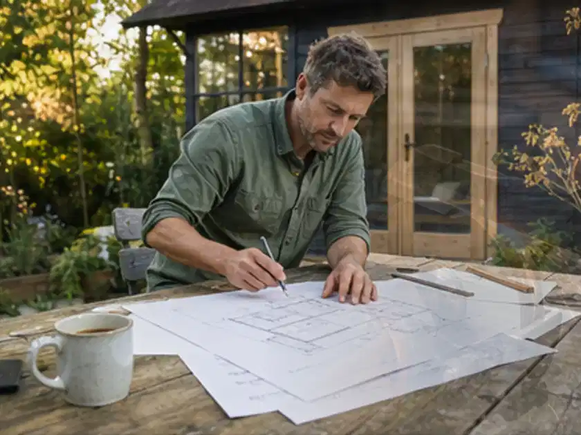 Person prüft Bauzeichnungen an einem Gartentisch vor einem kleinen Gartenhaus; Thema Gartenhaus Fundament, Schwerpunkt DIY; Titelbild.