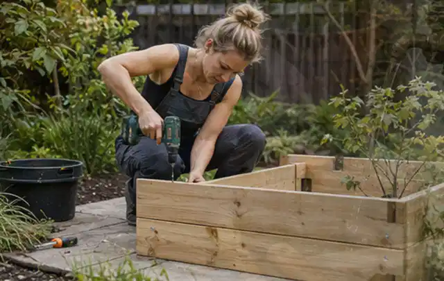 Person montiert ein massives Hochbeet aus unbehandeltem Holz im Garten; Thema Gartenhaus Fundament, Schwerpunkt DIY; Kontrolle.