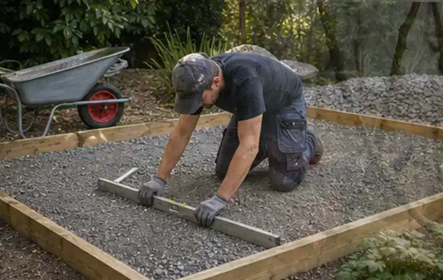 Person richtet eine verdichtete Kiesfläche mit Wasserwaage und Abziehlatte aus; Thema Gartenhaus Fundament, Schwerpunkt DIY; Ergebnis.