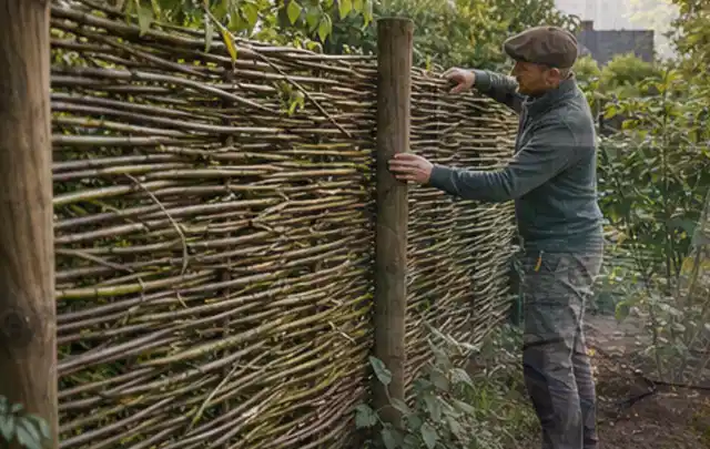 Person befestigt geflochtene Weidenruten an stabilen Holzpfosten im Garten; Thema Gartenhaus Fundament, Schwerpunkt DIY; Praxisalltag.