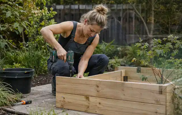 Person montiert ein massives Hochbeet aus unbehandeltem Holz im Garten; Thema Gartenhaus Fundament, Schwerpunkt Fehlerhilfe; Umsetzung.
