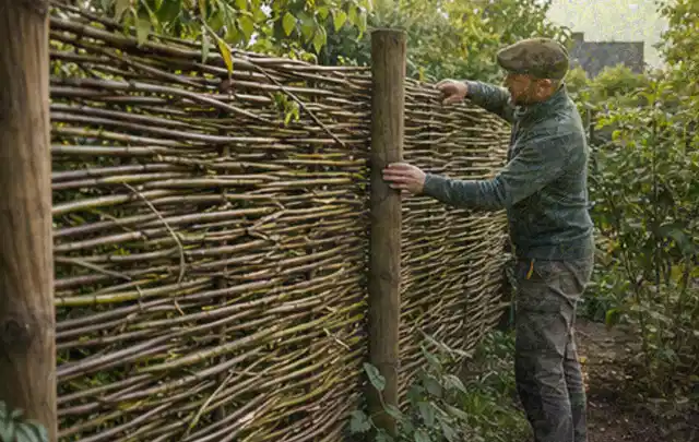 Person befestigt geflochtene Weidenruten an stabilen Holzpfosten im Garten; Thema Gartenhaus Fundament, Schwerpunkt Fehlerhilfe; Kontrolle.
