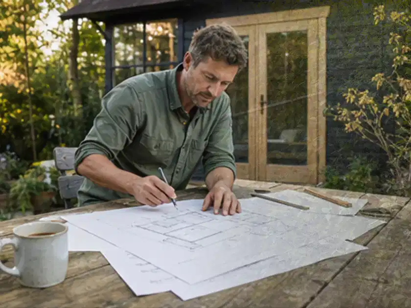Person prüft Bauzeichnungen an einem Gartentisch vor einem kleinen Gartenhaus; Thema Gartenhaus Fundament, Schwerpunkt Gärten mit kleiner Fläche;…