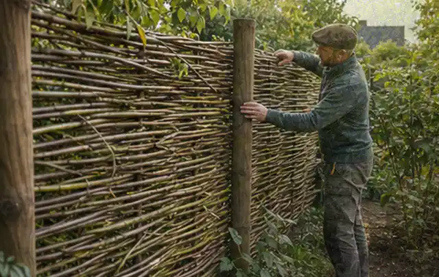 Person befestigt geflochtene Weidenruten an stabilen Holzpfosten im Garten; Thema Gartenhaus Fundament, Schwerpunkt Gärten mit kleiner Fläche;…
