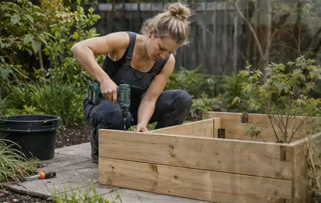 Person montiert ein massives Hochbeet aus unbehandeltem Holz im Garten; Thema Gartenhaus Fundament, Schwerpunkt Gärten mit kleiner Fläche; Kontrolle.