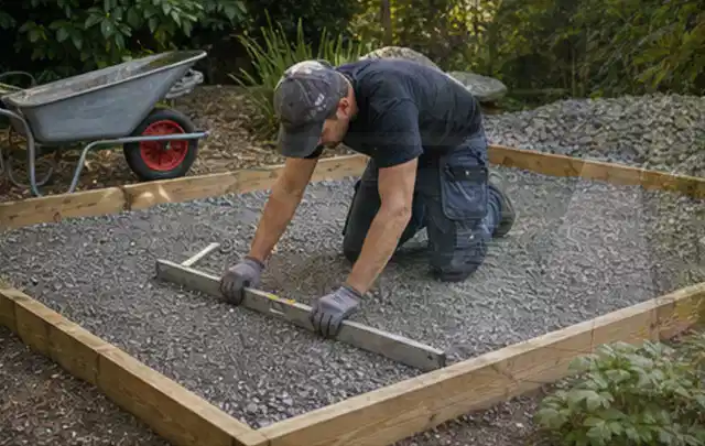 Person richtet eine verdichtete Kiesfläche mit Wasserwaage und Abziehlatte aus; Thema Gartenhaus Fundament, Schwerpunkt Gärten mit kleiner Fläche;…