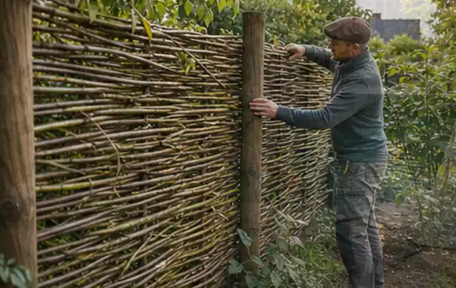 Person befestigt geflochtene Weidenruten an stabilen Holzpfosten im Garten; Thema Gartenhaus Fundament, Schwerpunkt Gartenhäuser; Umsetzung.