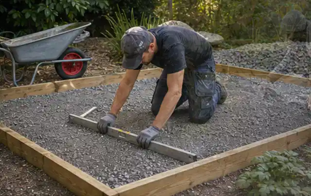 Person richtet eine verdichtete Kiesfläche mit Wasserwaage und Abziehlatte aus; Thema Gartenhaus Fundament, Schwerpunkt Gestaltung; Ausgangslage.