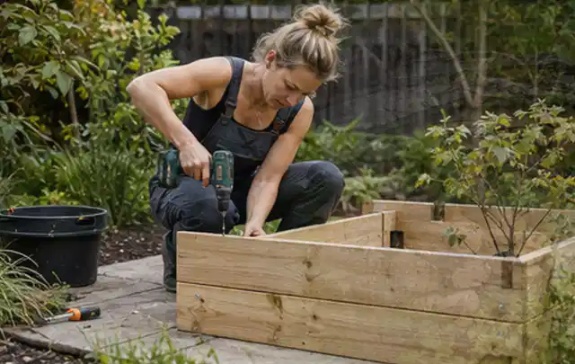 Person montiert ein massives Hochbeet aus unbehandeltem Holz im Garten; Thema Gartenhaus Fundament, Schwerpunkt Gestaltung; Umsetzung.