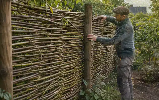 Person befestigt geflochtene Weidenruten an stabilen Holzpfosten im Garten; Thema Gartenhaus Fundament, Schwerpunkt Gestaltung; Kontrolle.