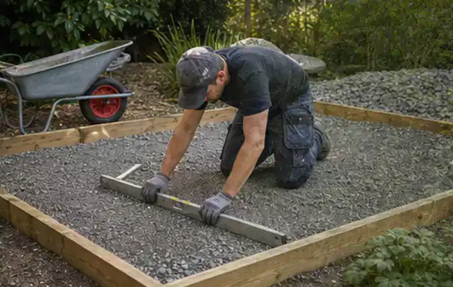 Person richtet eine verdichtete Kiesfläche mit Wasserwaage und Abziehlatte aus; Thema Gartenhaus Fundament, Schwerpunkt Kosten; Umsetzung.