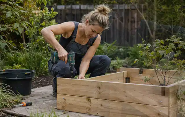 Person montiert ein massives Hochbeet aus unbehandeltem Holz im Garten; Thema Gartenhaus Fundament, Schwerpunkt Kosten; Kontrolle.