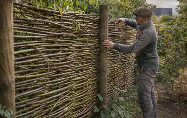 Person befestigt geflochtene Weidenruten an stabilen Holzpfosten im Garten; Thema Gartenhaus Fundament, Schwerpunkt Kosten; Ergebnis.