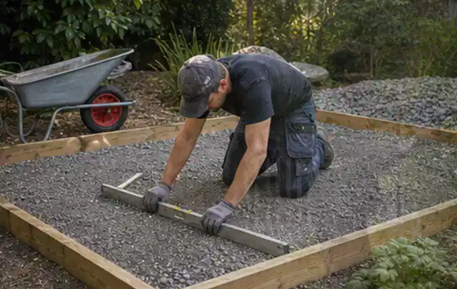 Person richtet eine verdichtete Kiesfläche mit Wasserwaage und Abziehlatte aus; Thema Gartenhaus Fundament, Schwerpunkt Materialwahl; Ausgangslage.