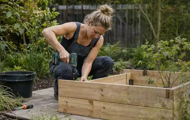 Person montiert ein massives Hochbeet aus unbehandeltem Holz im Garten; Thema Gartenhaus Fundament, Schwerpunkt Materialwahl; Kontrolle.