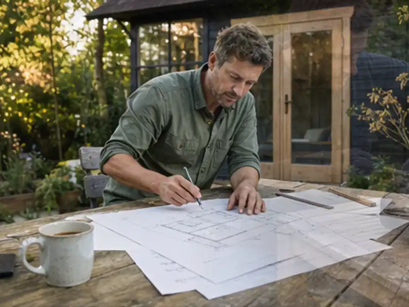 Person prüft Bauzeichnungen an einem Gartentisch vor einem kleinen Gartenhaus; Thema Gartenhaus Fundament, Schwerpunkt Nachhaltigkeit; Titelbild.