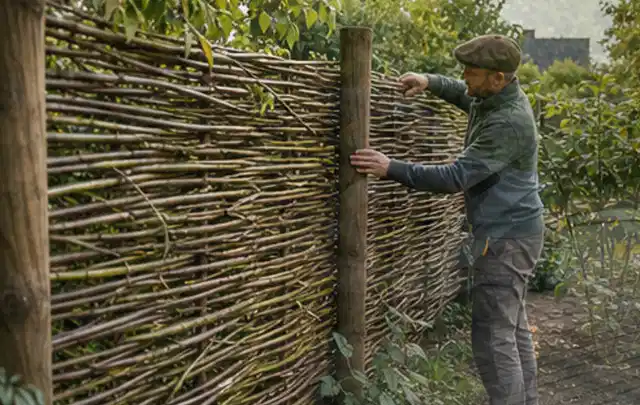 Person befestigt geflochtene Weidenruten an stabilen Holzpfosten im Garten; Thema Gartenhaus Fundament, Schwerpunkt Nachhaltigkeit; Ausgangslage.
