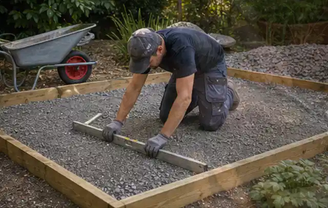 Person richtet eine verdichtete Kiesfläche mit Wasserwaage und Abziehlatte aus; Thema Gartenhaus Fundament, Schwerpunkt Nachhaltigkeit; Praxisalltag.